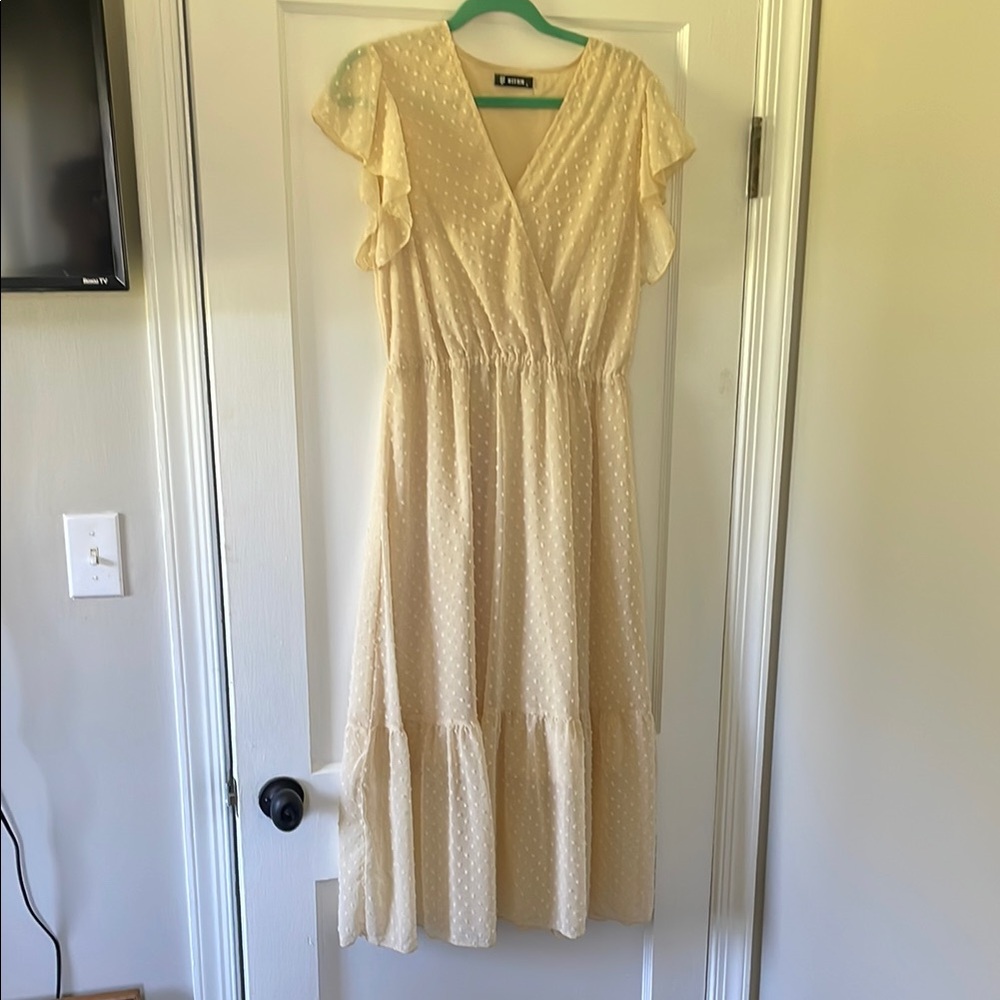 Yellow Midi Sundress with Flutter Sleeves and V-Neck